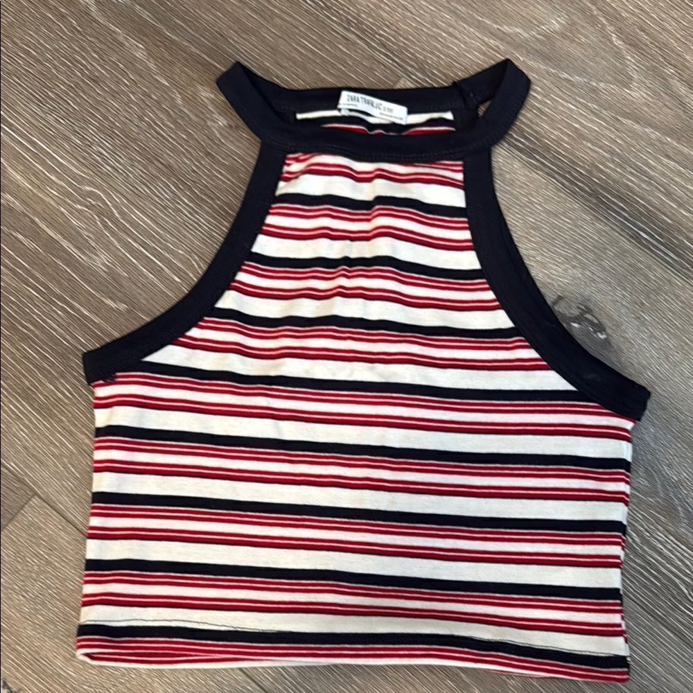 Zara White and Red Sleeveless Crop Tank Top with Striped Pattern